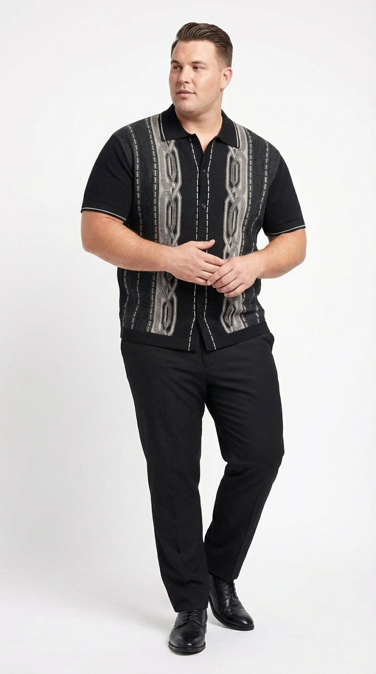 Mens Black and Gray Pattern Walking Suit Set – Short Sleeve Knit Shirt and Pants Casual Outfit for Summer, Travel and Everyday Wear - S