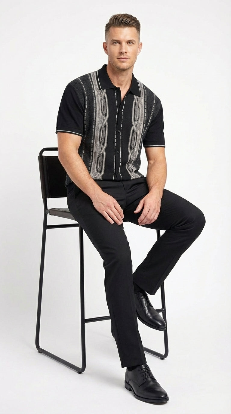 Mens Black and Gray Pattern Walking Suit Set – Short Sleeve Knit Shirt and Pants Casual Outfit for Summer, Travel and Everyday Wear - S