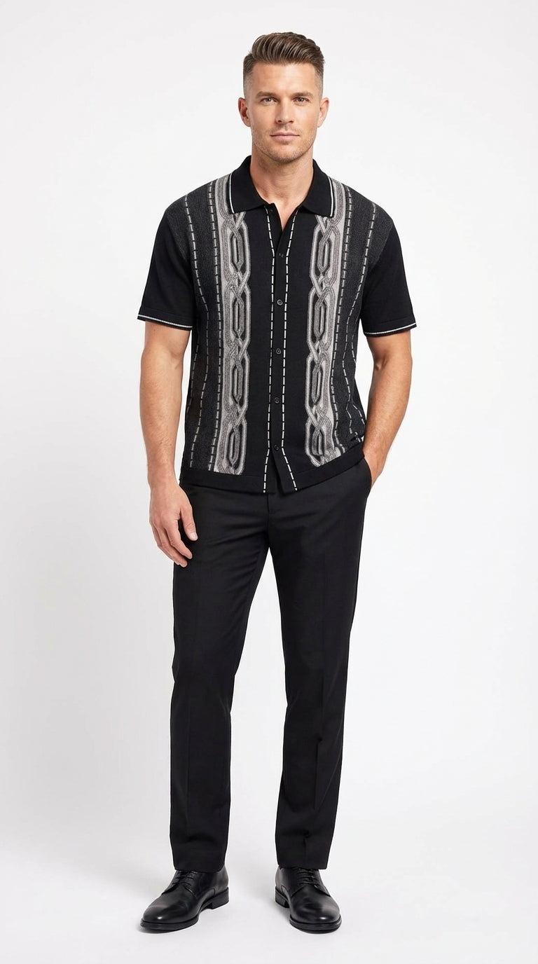 Mens Black and Gray Pattern Walking Suit Set – Short Sleeve Knit Shirt and Pants Casual Outfit for Summer, Travel and Everyday Wear - S