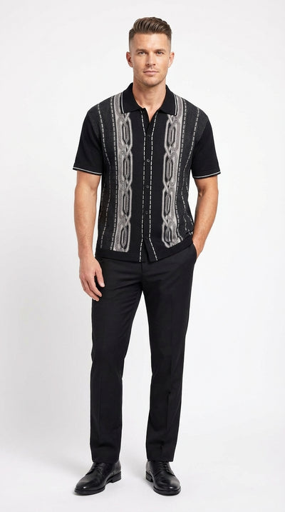 Mens Black and Gray Pattern Walking Suit Set – Short Sleeve Knit Shirt and Pants Casual Outfit for Summer, Travel and Everyday Wear