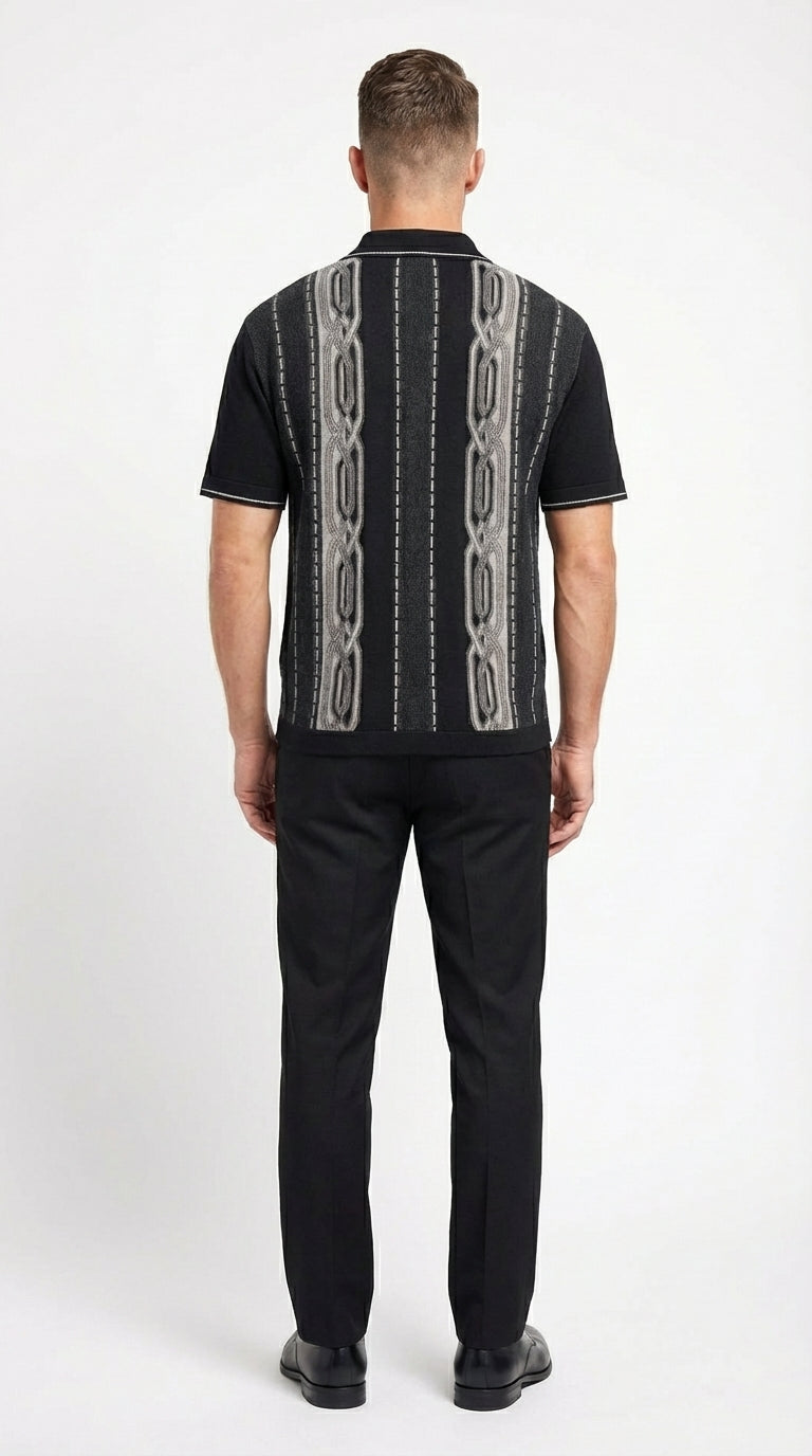Mens Black and Gray Pattern Walking Suit Set – Short Sleeve Knit Shirt and Pants Casual Outfit for Summer, Travel and Everyday Wear - S
