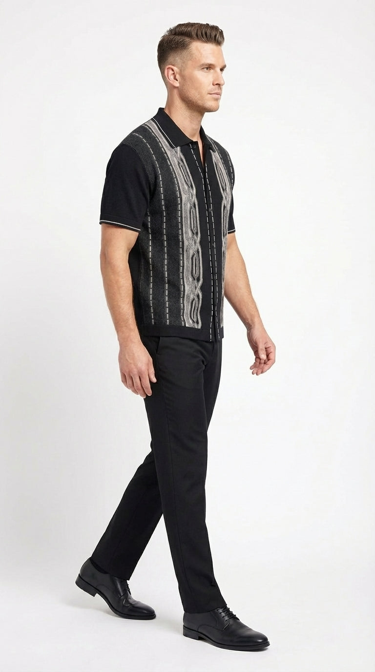 Mens Black and Gray Pattern Walking Suit Set – Short Sleeve Knit Shirt and Pants Casual Outfit for Summer, Travel and Everyday Wear - S