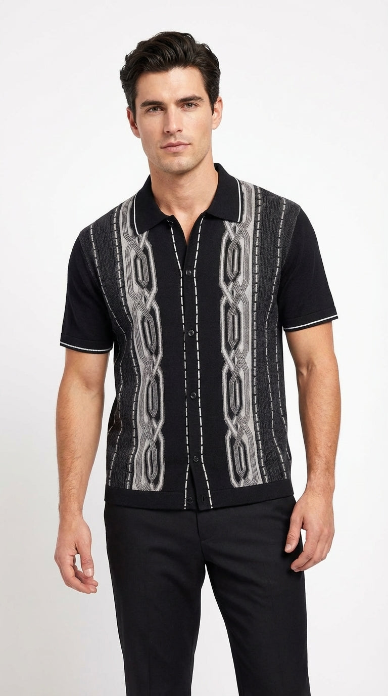 Mens Black and Gray Pattern Walking Suit Set – Short Sleeve Knit Shirt and Pants Casual Outfit for Summer, Travel and Everyday Wear - S