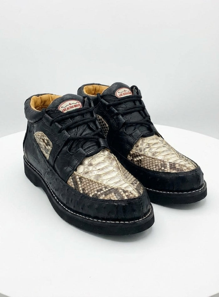 Mens Black and Natural Exotic Alligator Crocodile Casual Shoes Ostrich and Snakeskin Pattern Lace Up Dress Shoes - Boot By Los Altos