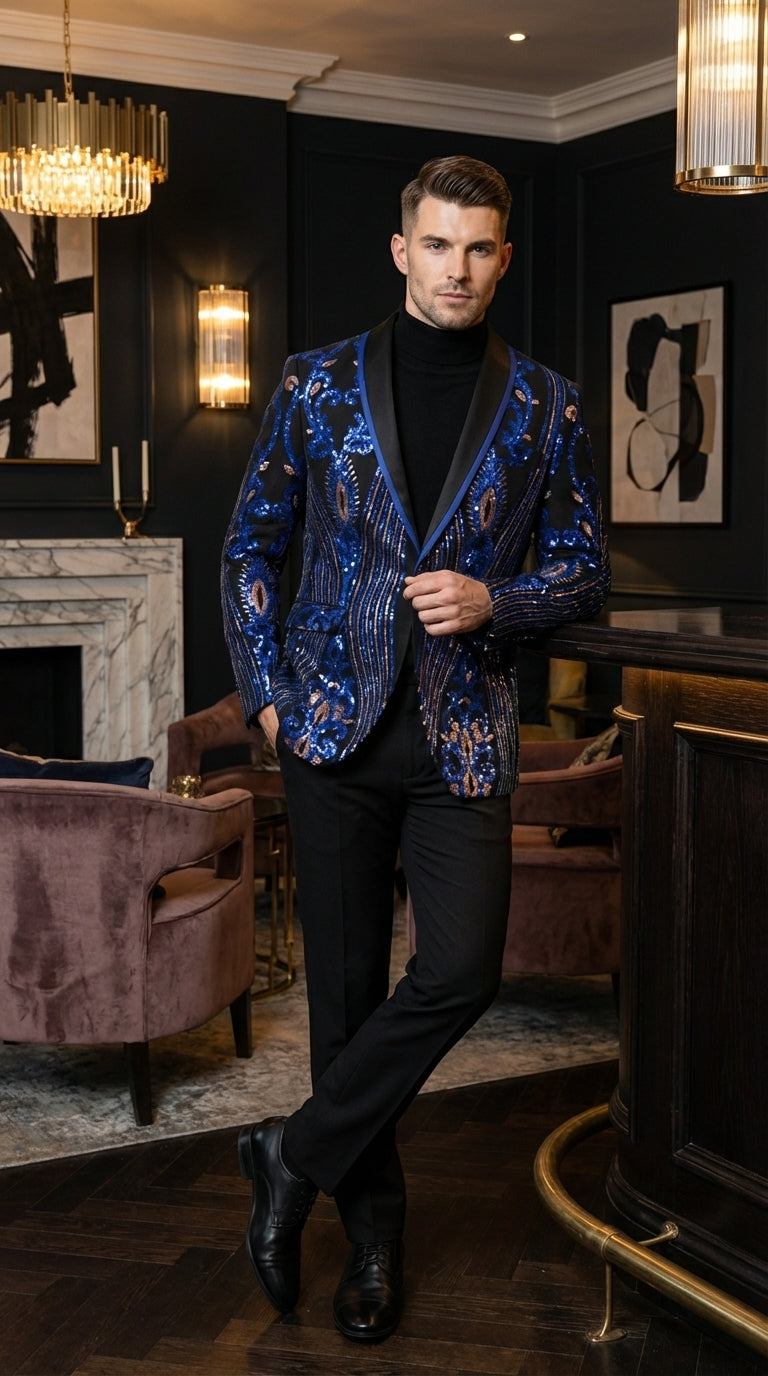 Mens Black and Royal and Gold and Navy Blue Sequin Tuxedo Suit Set – Luxury Prom Wedding Tuxedo with Sequin Jacket - 34 Short