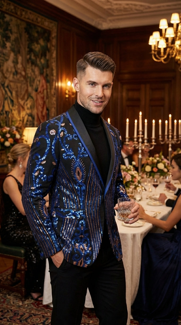 Mens Black and Royal and Gold and Navy Blue Sequin Tuxedo Suit Set – Luxury Prom Wedding Tuxedo with Sequin Jacket - 34 Short