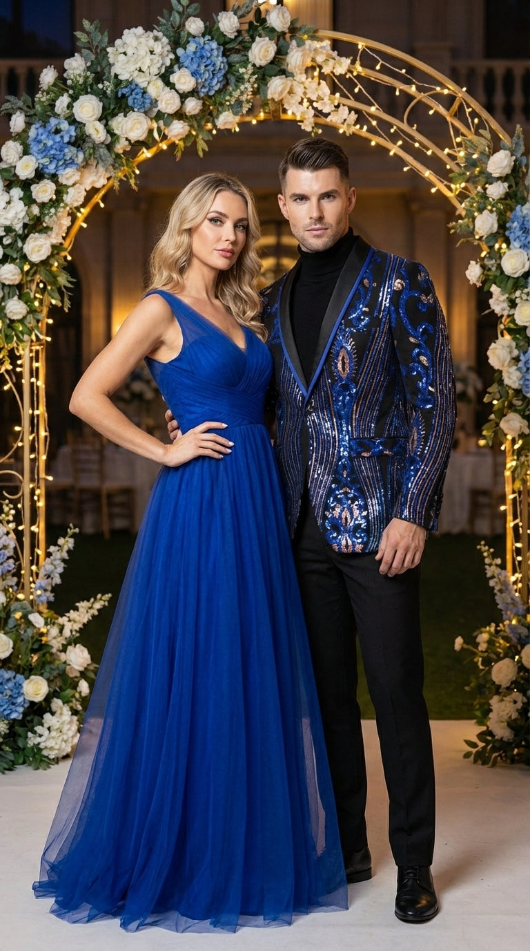 Mens Black and Royal and Gold and Navy Blue Sequin Tuxedo Suit Set – Luxury Prom Wedding Tuxedo with Sequin Jacket - 34 Short