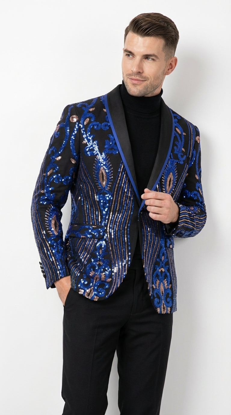 Mens Black and Royal and Gold and Navy Blue Sequin Tuxedo Suit Set – Luxury Prom Wedding Tuxedo with Sequin Jacket - 34 Short