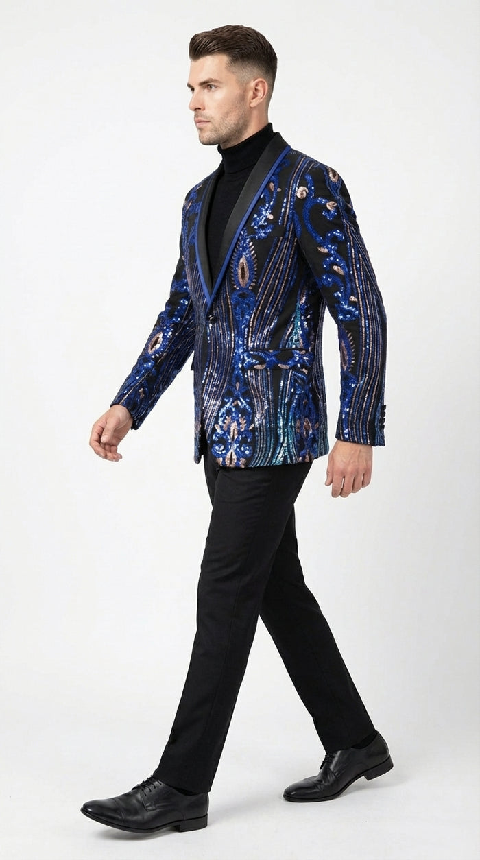 Mens Black and Royal and Gold and Navy Blue Sequin Tuxedo Suit Set – Luxury Prom Wedding Tuxedo with Sequin Jacket