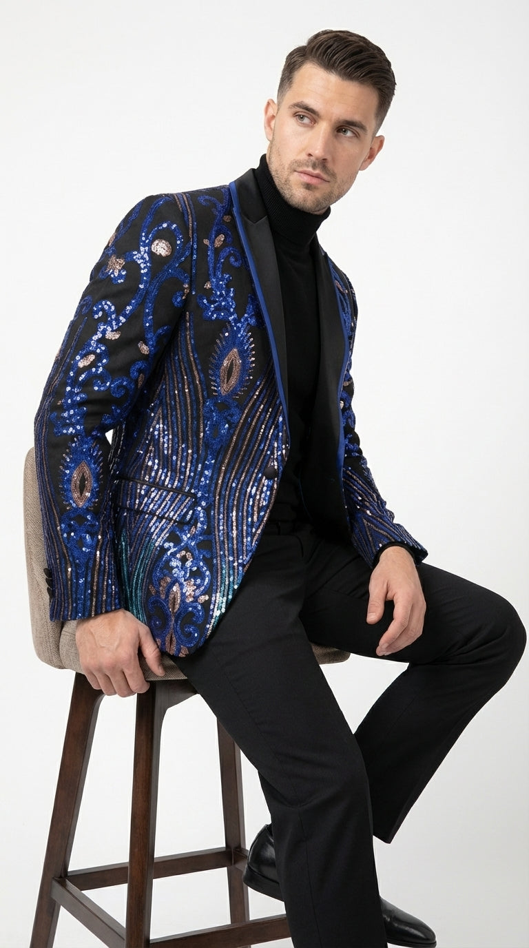 Mens Black and Royal and Gold and Navy Blue Sequin Tuxedo Suit Set – Luxury Prom Wedding Tuxedo with Sequin Jacket - 34 Short