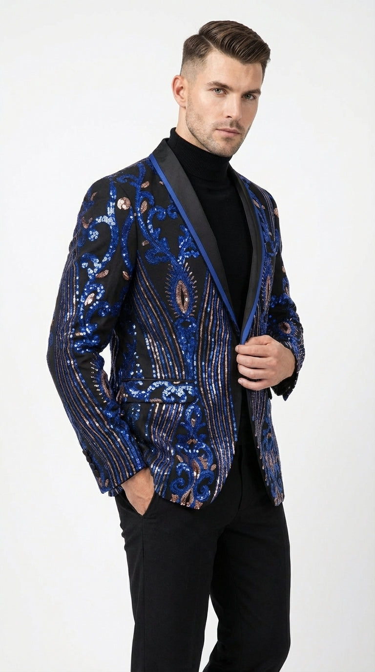 Mens Black and Royal and Gold and Navy Blue Sequin Tuxedo Suit Set – Luxury Prom Wedding Tuxedo with Sequin Jacket - 34 Short