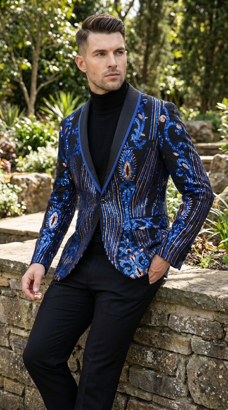 Mens Black and Royal and Gold and Navy Blue Sequin Tuxedo Suit Set – Luxury Prom Wedding Tuxedo with Sequin Jacket - 34 Short