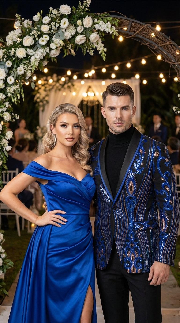 Mens Black and Royal and Gold and Navy Blue Sequin Tuxedo Suit Set – Luxury Prom Wedding Tuxedo with Sequin Jacket - 34 Short