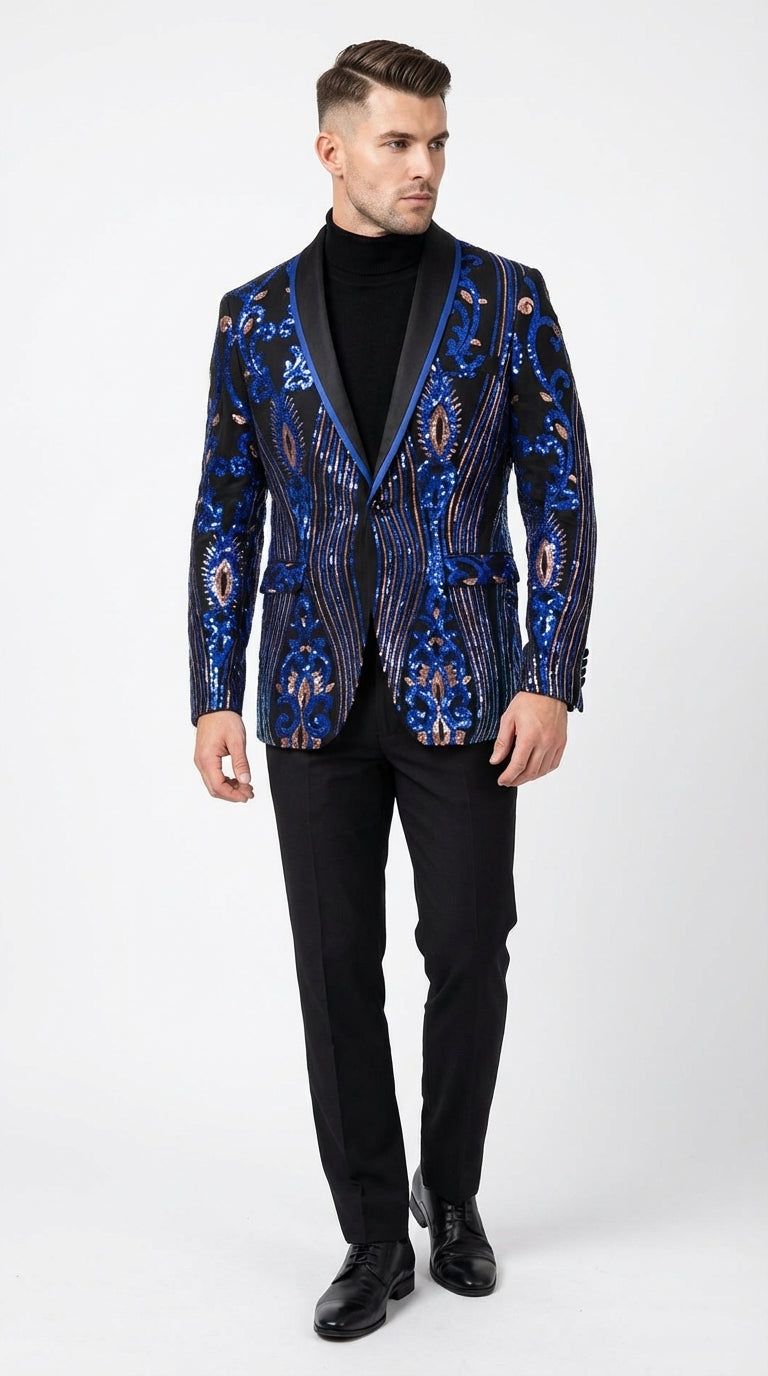 Mens Black and Royal and Gold and Navy Blue Sequin Tuxedo Suit Set – Luxury Prom Wedding Tuxedo with Sequin Jacket - 34 Short