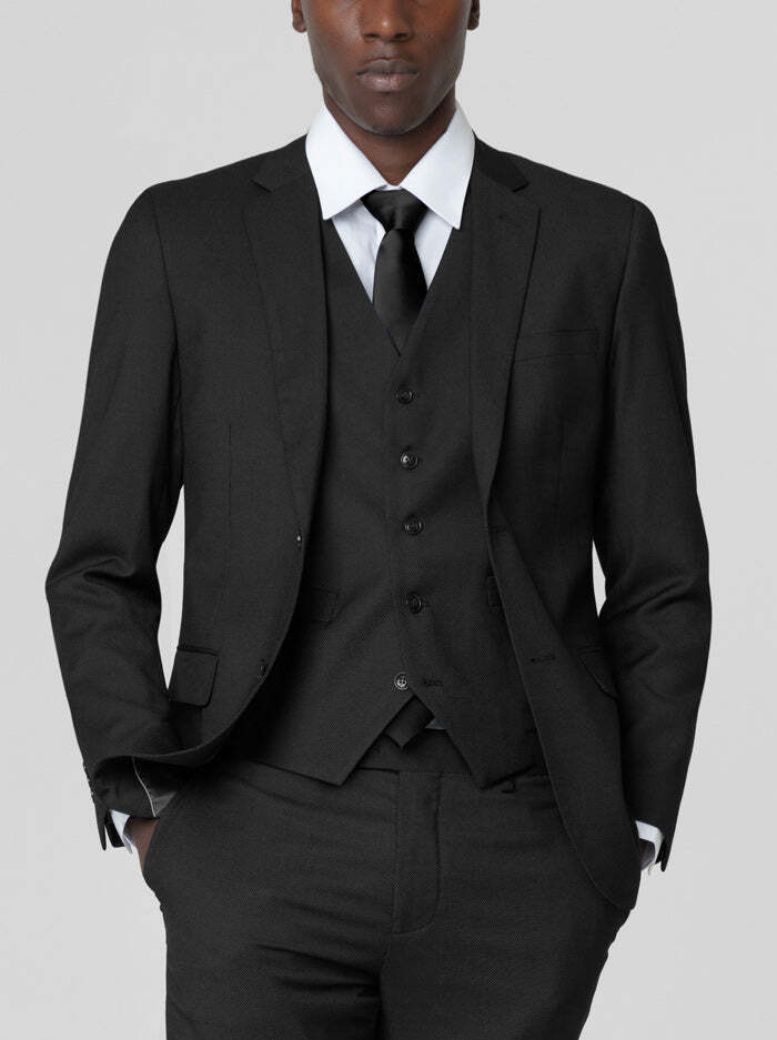 Mens Black Birdseye Three Piece Suit Modern 2-Button Suit