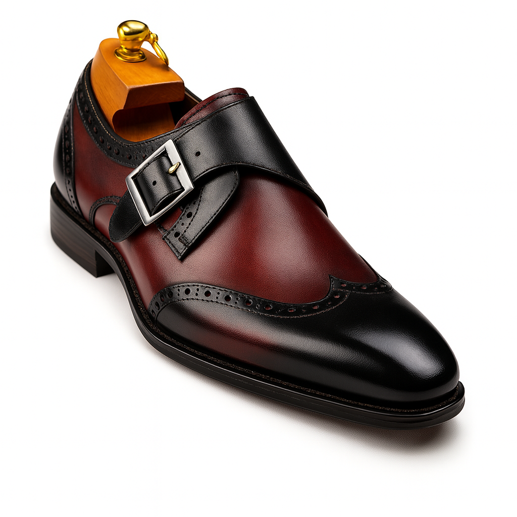 Mens Leather Wingtip Monk Strap Dress Shoe in Brown & Navy - 7.5