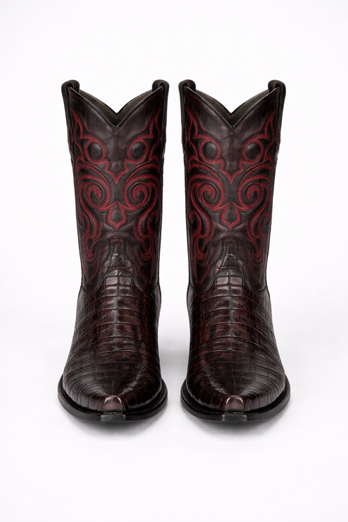 Men's Black Cherry Caiman Cowboy Boots: Genuine Leather Snip Toe Western Dress Boots-New Designer Collection