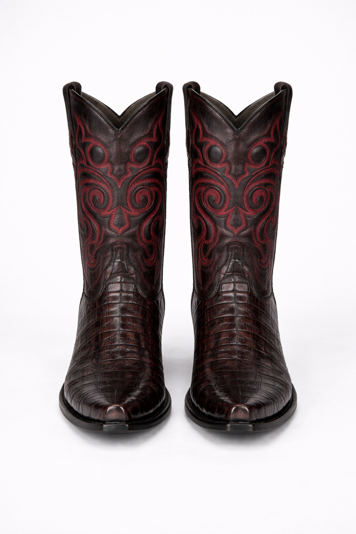 Men's Black Cherry Caiman Cowboy Boots: Genuine Leather Snip Toe Western Dress Boots-New Designer Collection