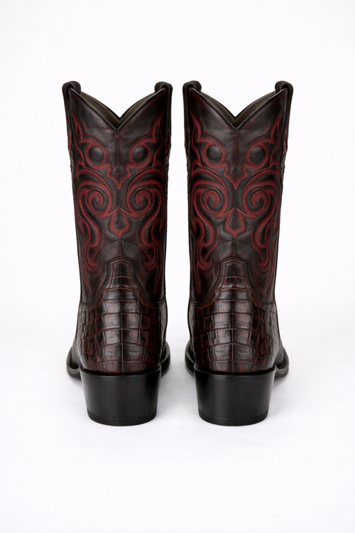 Men's Black Cherry Caiman Cowboy Boots: Genuine Leather Snip Toe Western Dress Boots-New Designer Collection