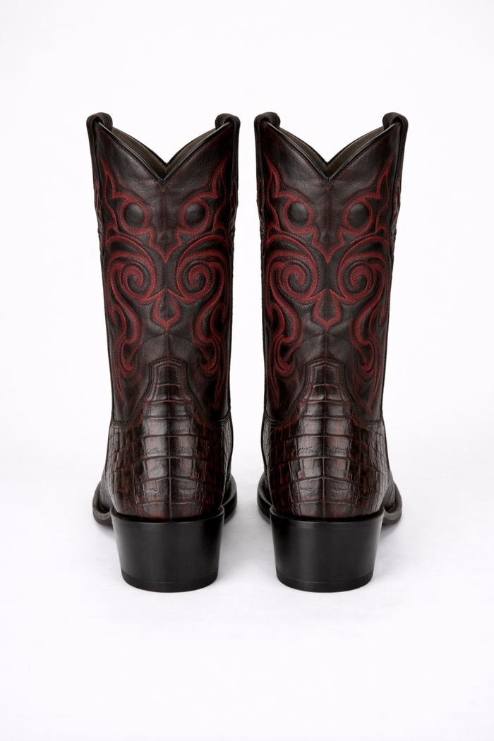Men's Black Cherry Caiman Cowboy Boots: Genuine Leather Snip Toe Western Dress Boots-New Designer Collection