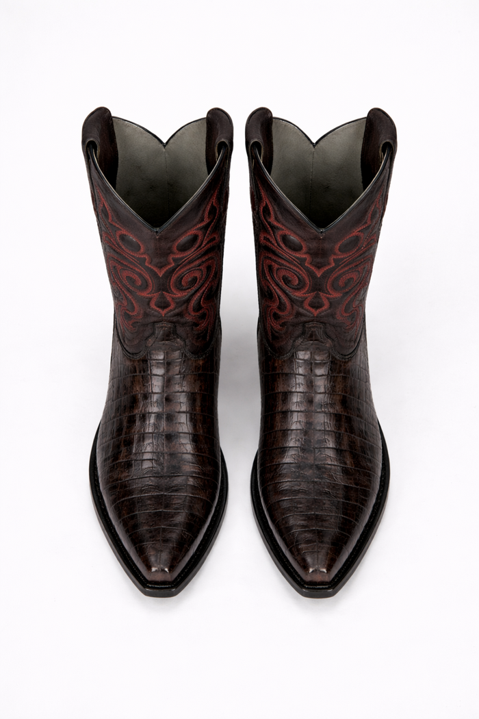 Men's Black Cherry Caiman Cowboy Boots: Genuine Leather Snip Toe Western Dress Boots-New Designer Collection