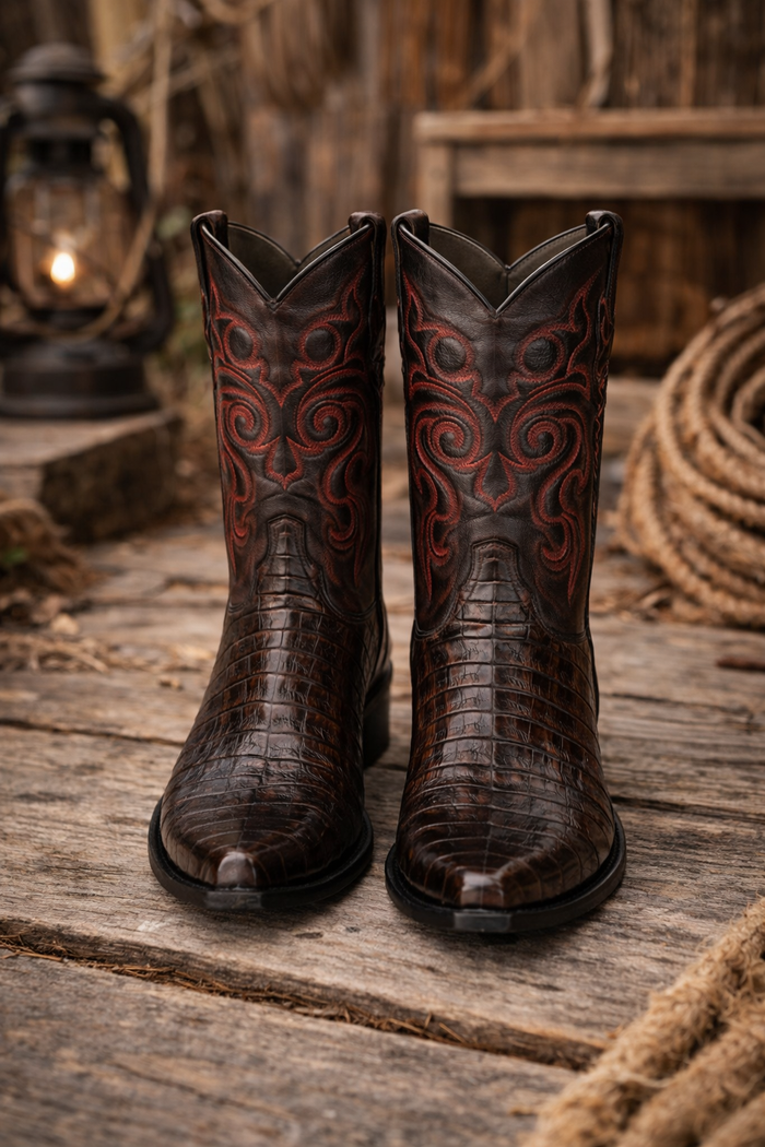 Men's Black Cherry Caiman Cowboy Boots: Genuine Leather Snip Toe Western Dress Boots-New Designer Collection