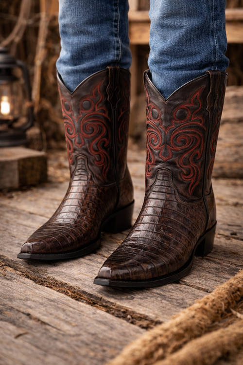Men's Black Cherry Caiman Cowboy Boots: Genuine Leather Snip Toe Western Dress Boots-New Designer Collection