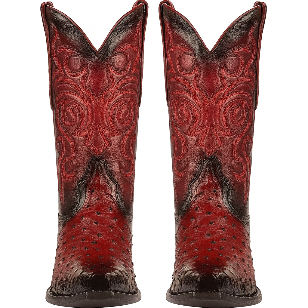 Men's Black Cherry Ostrich Cowboy Boots: snip Toe Leather Western Dress Boots-New Designer Collection - 6