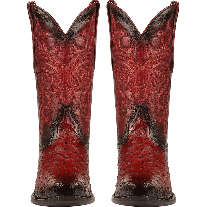 Men's Black Cherry Ostrich Cowboy Boots: snip Toe Leather Western Dress Boots-New Designer Collection