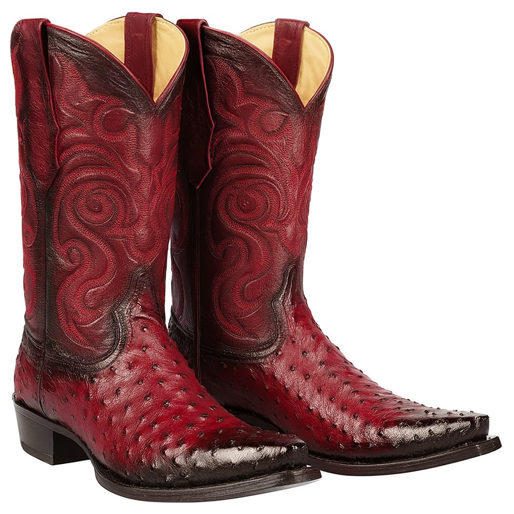 Men's Black Cherry Ostrich Cowboy Boots: snip Toe Leather Western Dress Boots-New Designer Collection - 6