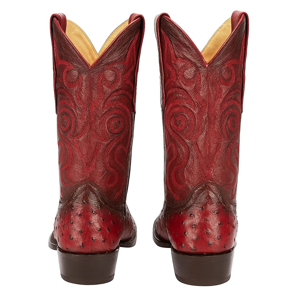 Men's Black Cherry Ostrich Cowboy Boots: snip Toe Leather Western Dress Boots-New Designer Collection - 6