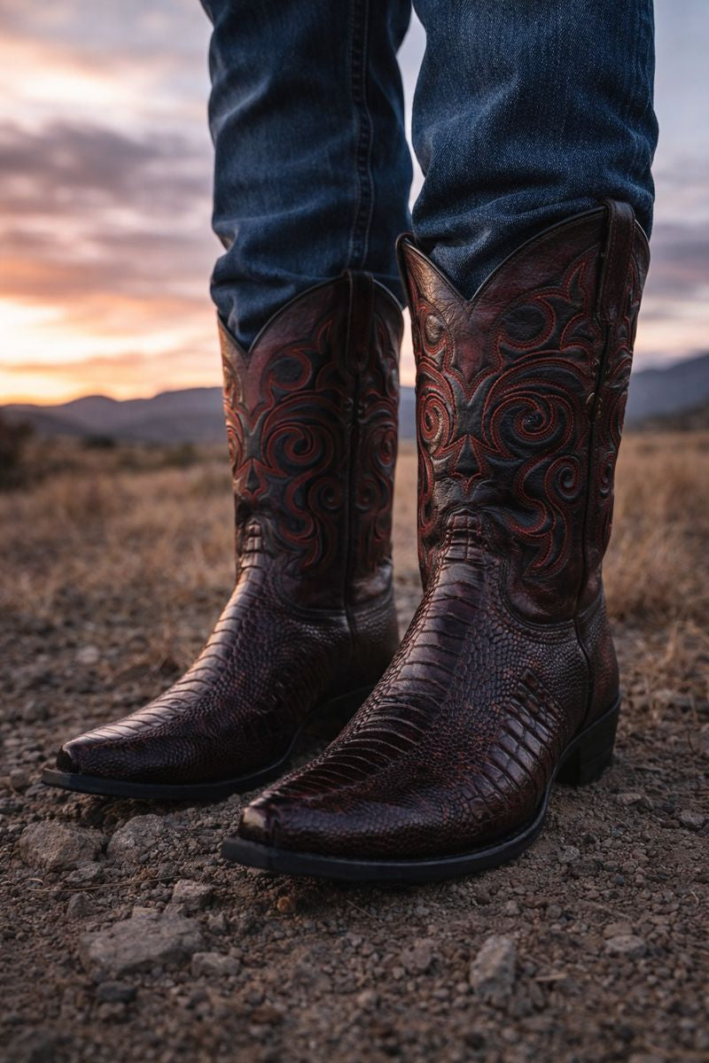 Men's Black Cherry Ostrich Leg Cowboy Boots - Los Altos Dress Western Boots-New Designer Collection - 6