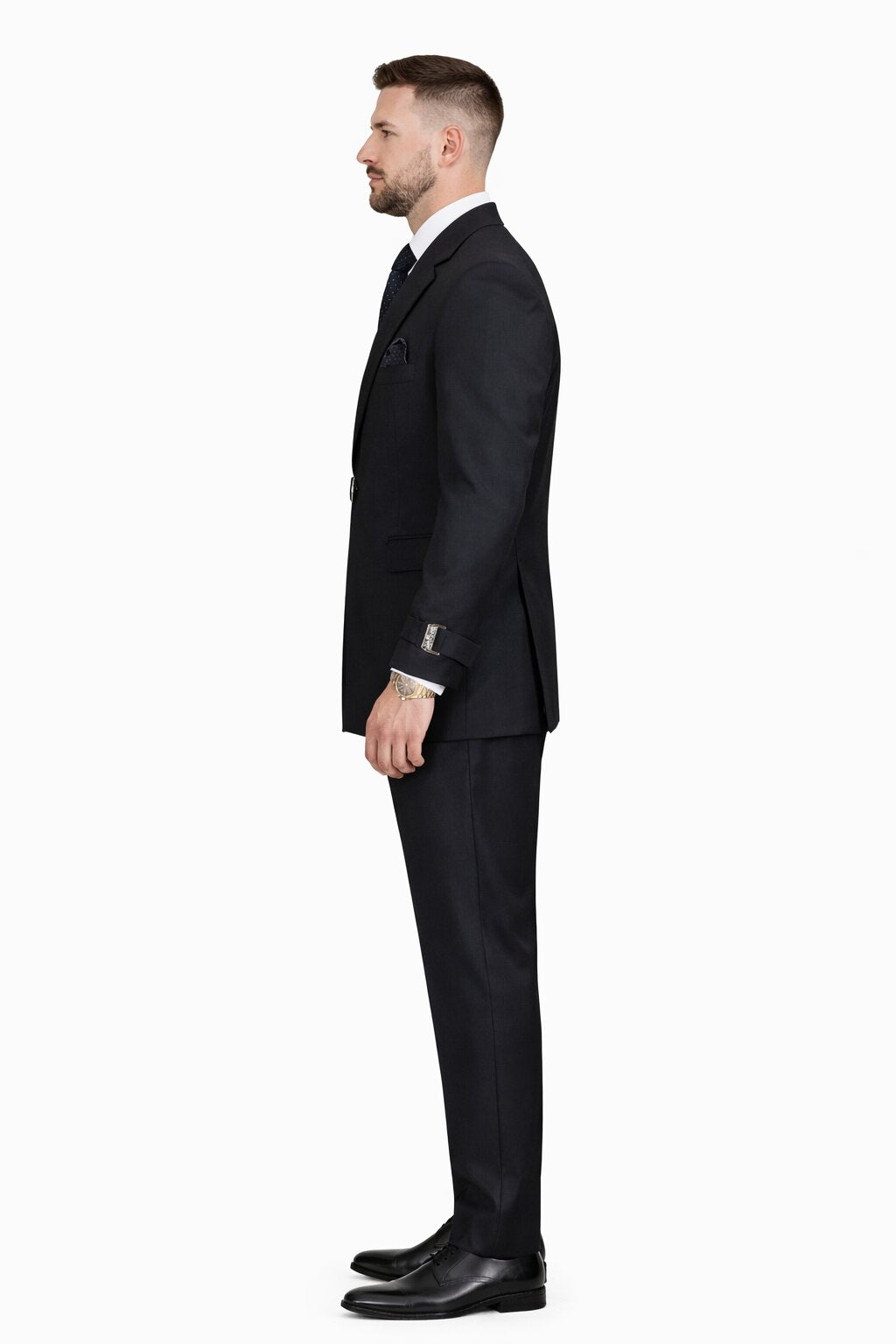 Mens Black Double Breasted Wool Suit with Metal Buckle Closure