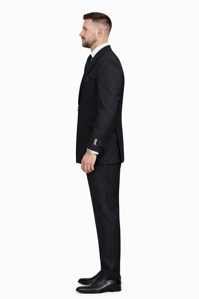 Mens Black Double Breasted Wool Suit with Metal Buckle Closure