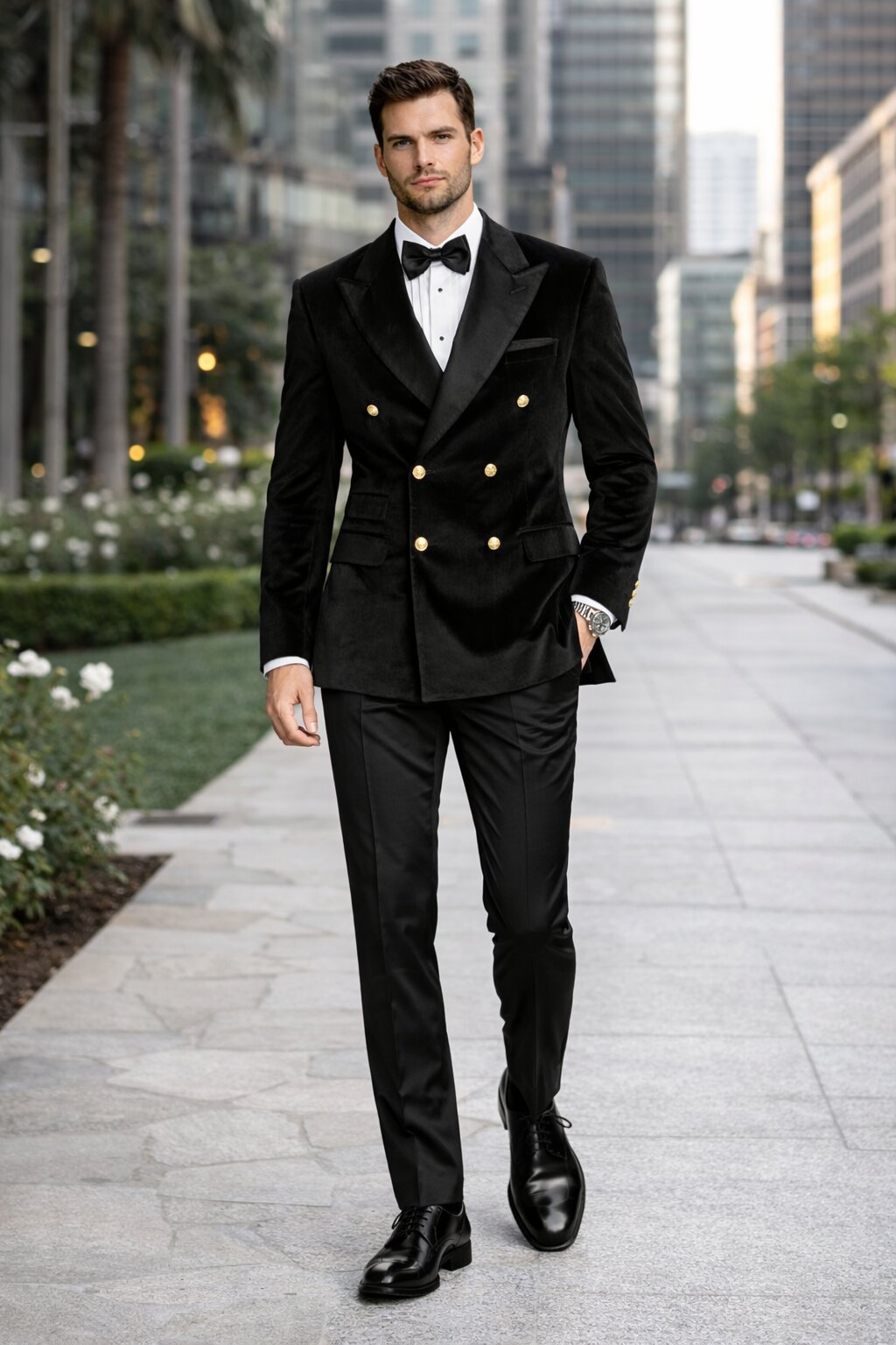 Men's Designer Double Breasted Velvet Suti with Gold Buttons in Black