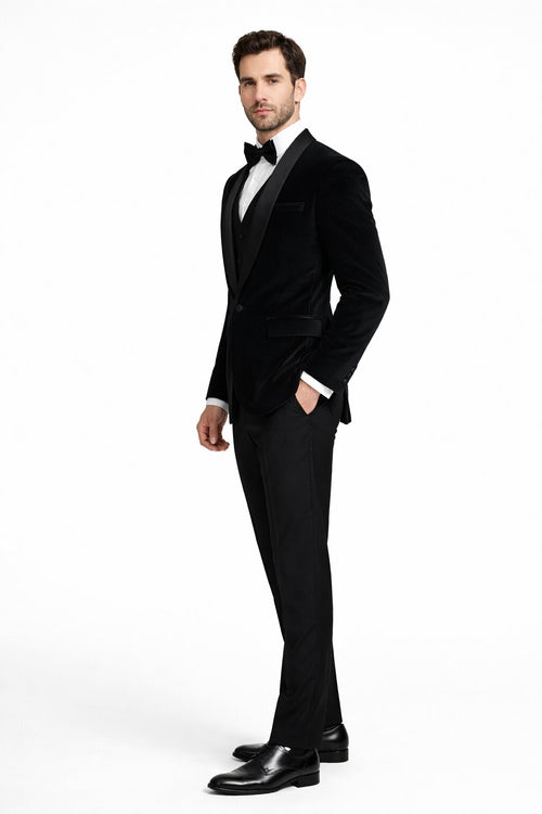 Men's Designer Vested Velvet Wedding & Prom Tuxed in Black