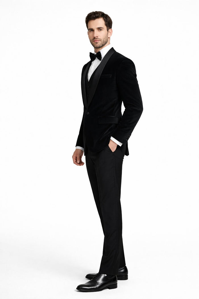 Men's Designer Vested Velvet Wedding & Prom Tuxed in Black