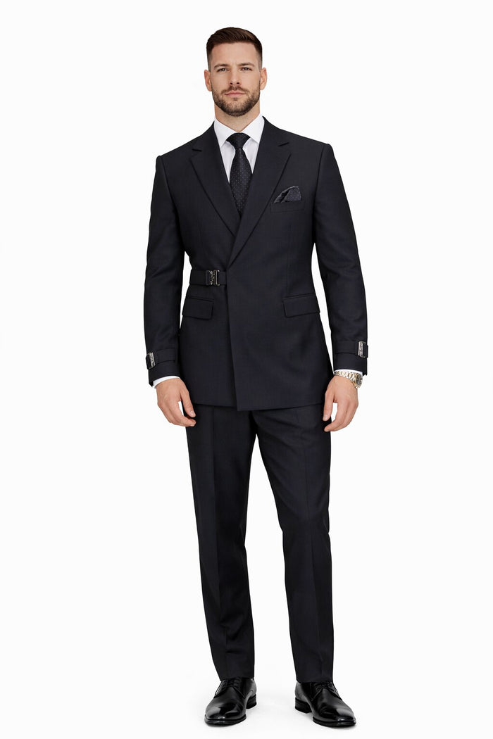 Mens Black Double Breasted Wool Suit with Metal Buckle Closure