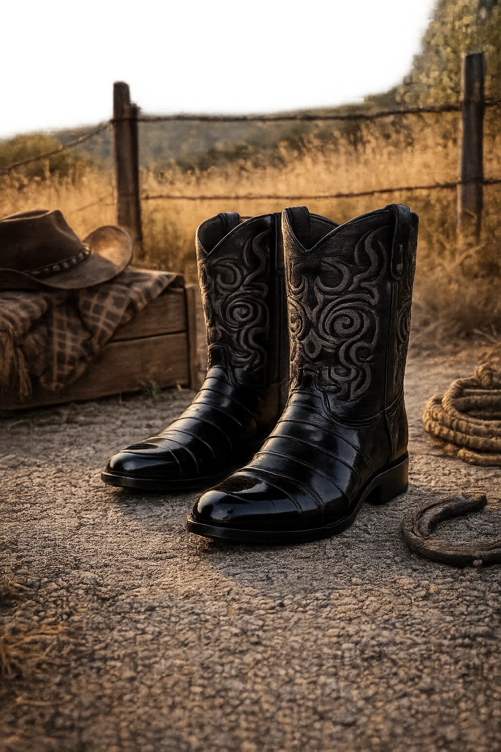 Men's Black Eel Skin Cowboy Boots - Los Altos Dress Western Boots-New Designer Collection - 6