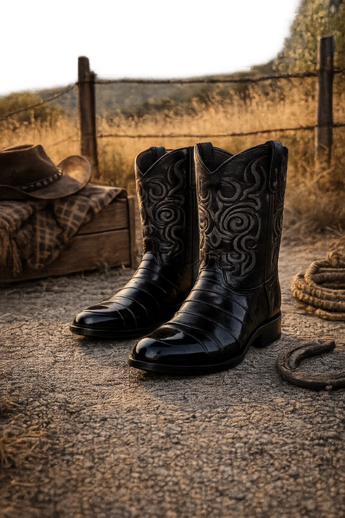 Men's Black Eel Skin Cowboy Boots - Los Altos Dress Western Boots-New Designer Collection