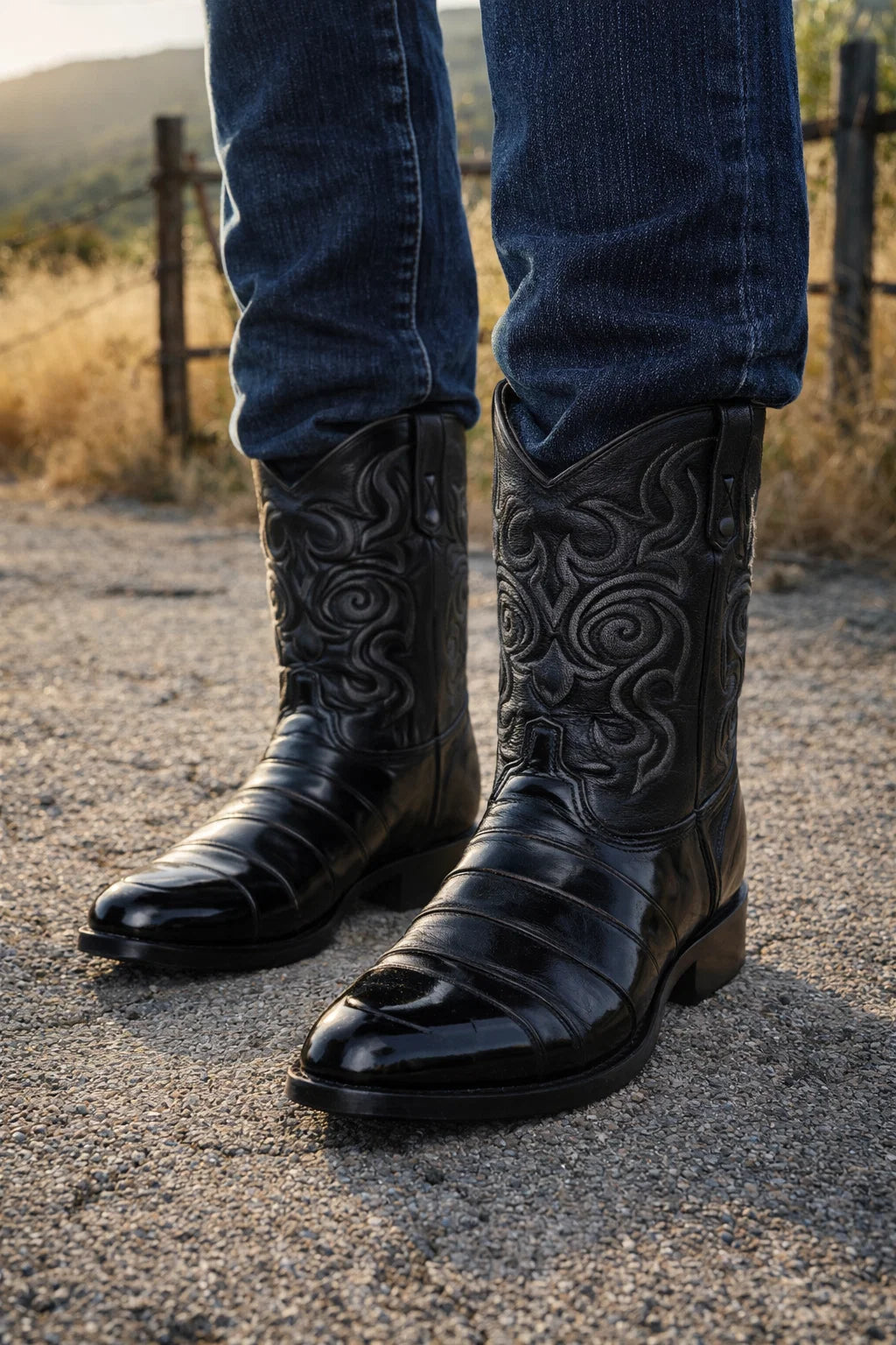 Men's Black Eel Skin Cowboy Boots - Los Altos Dress Western Boots-New Designer Collection - 6
