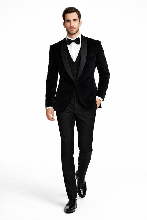Men's Designer Vested Velvet Wedding & Prom Tuxed in Black