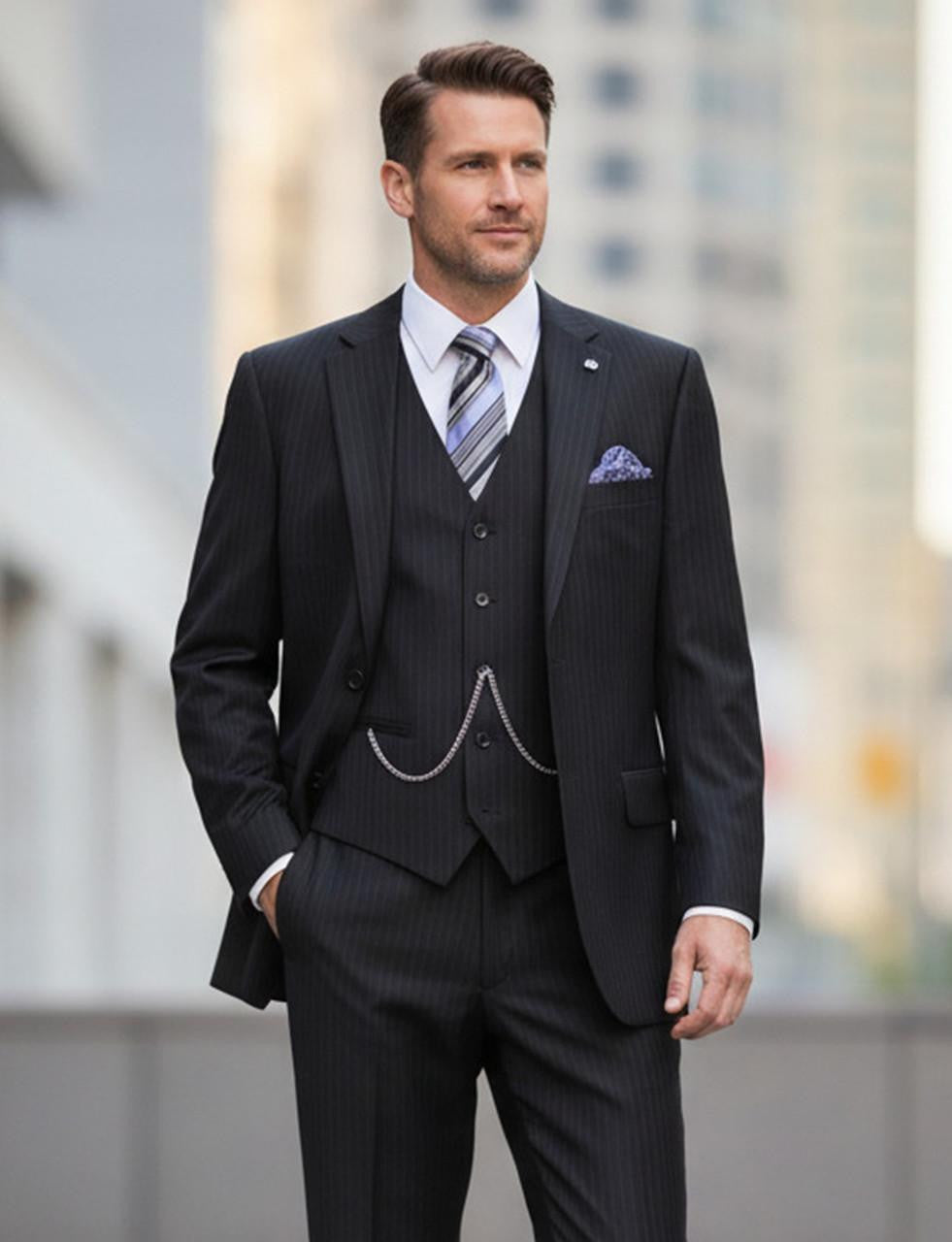 Harlem Nights Suits for Men - Mens Black Fine Pinstripe Suit 3 Piece Business Fit Vinci V2RS-7 - 34 Short or Extra Small