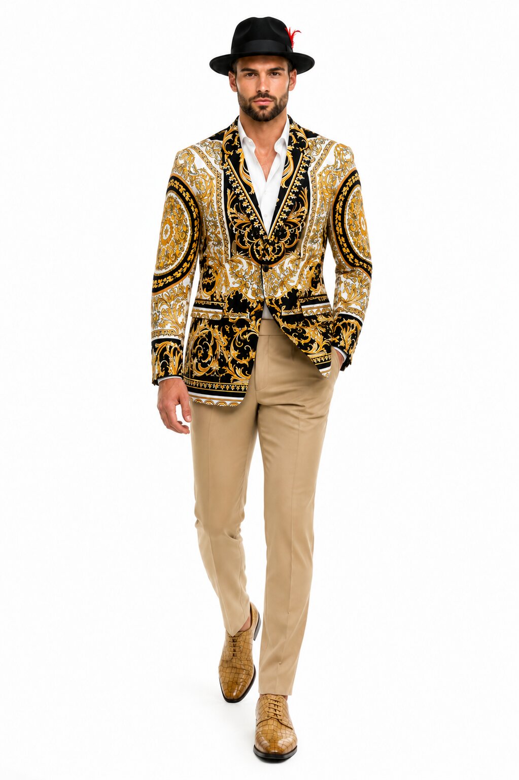 Mens Black and Gold Baroque Blazer with Matching Pants, Hat, and Shoes - Luxury Party and Wedding Outfit Set - 36 Short