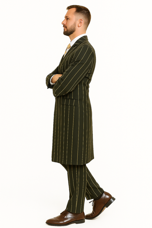 Pinstripe Zoot Suit For Men - Gangster  Wedding Suit in Black and Gold Pinstripe