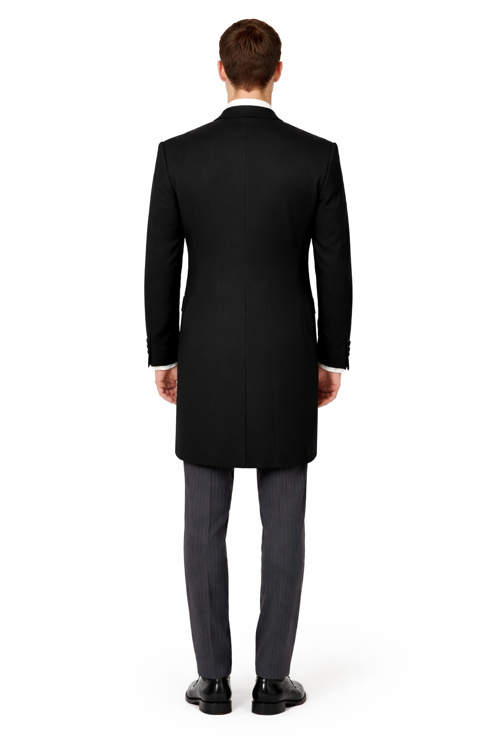 Men's Black Herringbone Wool Medium Weight 1 Button Morning Coat With Striped Pant-New Designer Collection - 58R