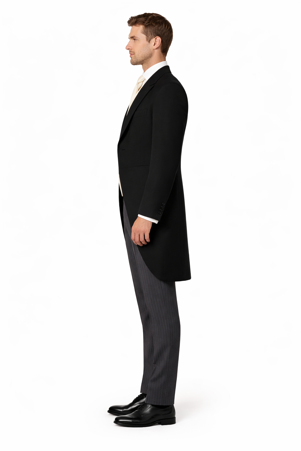 Men's Black Herringbone Wool Medium Weight 1 Button Morning Coat With Striped Pant-New Designer Collection - 58R