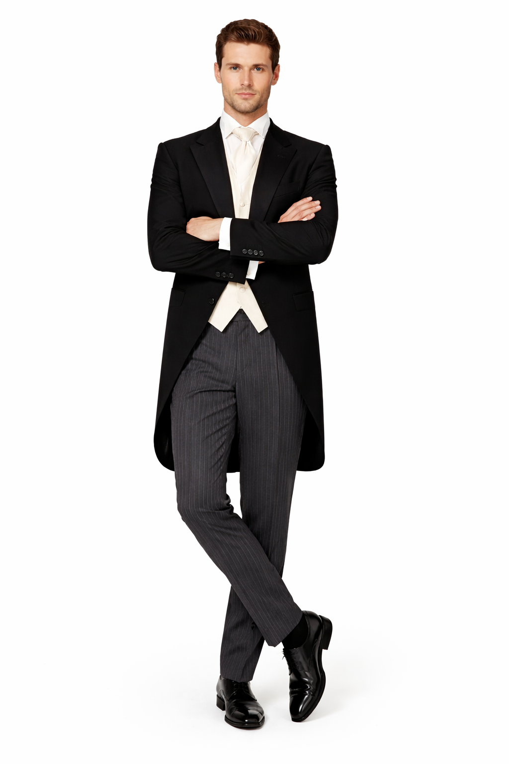 Men's Black Herringbone Wool Medium Weight 1 Button Morning Coat With Striped Pant-New Designer Collection - 58R