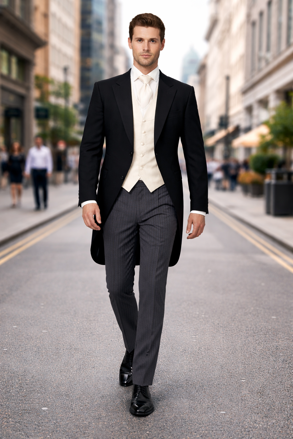 Men's Black Herringbone Wool Medium Weight 1 Button Morning Coat With Striped Pant-New Designer Collection - 58R