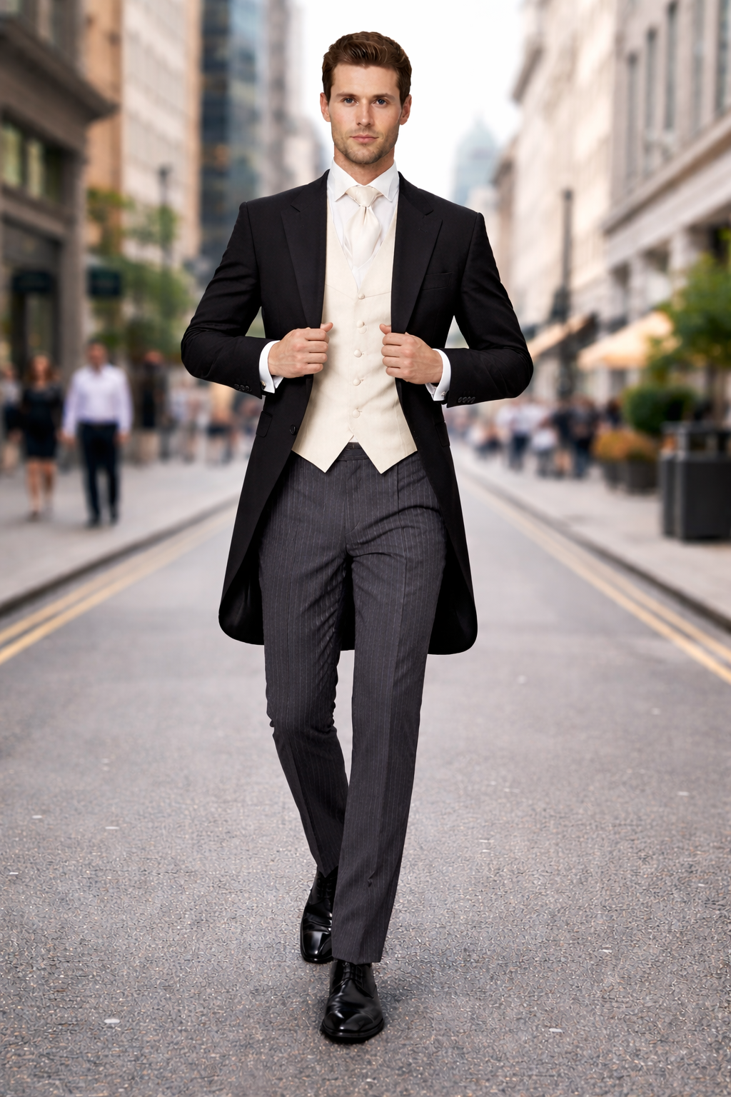 Men's Black Herringbone Wool Medium Weight 1 Button Morning Coat With Striped Pant-New Designer Collection - 58R